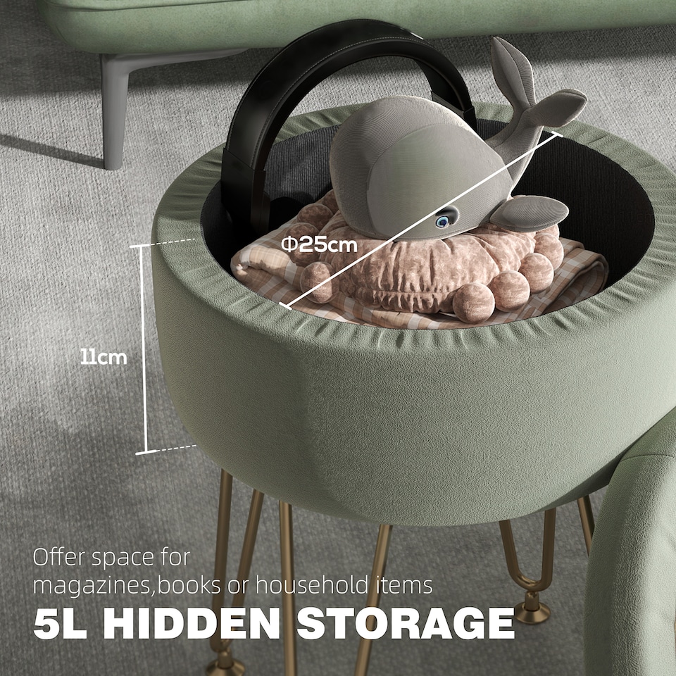 image 1 of HOMCOM 5L Velvet Storage Ottoman, Modern Round Footstool with Metal Hairpin Legs and Removable Lid, Dressing Table Stool Side Table for Hallway, Bedroom, Living Room, 33 x 33 x 43 cm, Green