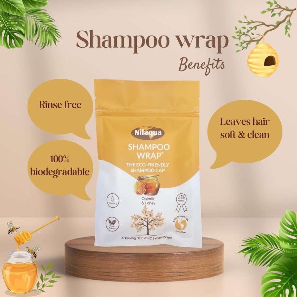 image 1 of Nilaqua No Rinse Shampoo Wrap the World's First Biodegradable Shampoo Cap Biodegradable Bamboo Waterless Hair Wash for Elderly Pleasant Fragrance Fresh Apple & Jasmine + Oatmilk & Honey 3pack