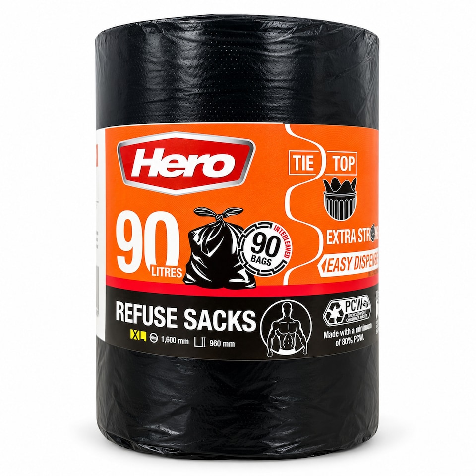image 1 of Hero Extra Strong Black Bin Bags 90 Litre Pack of 90 Heavy Duty Refuse Sacks with Tie Top Handles  Brand