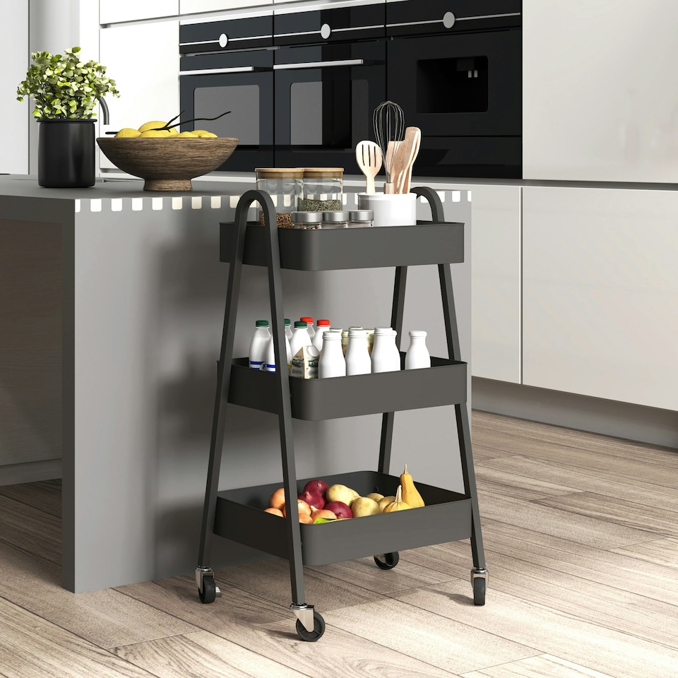 image 1 of HOMCOM 3-Tier Rolling Utility Cart Kitchen Storage Trolley on Wheels Black