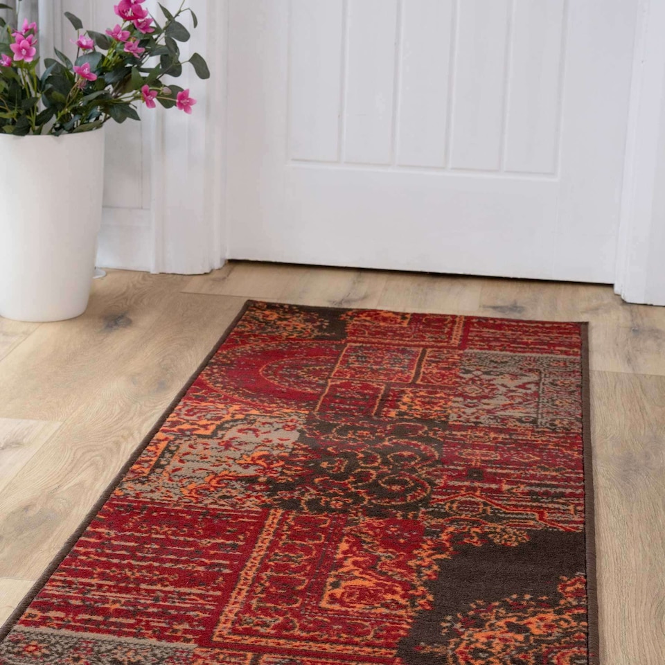 image 1 of KUKOON Red Brown Traditional Patchwork Living Area Rug 80cm x 320cm