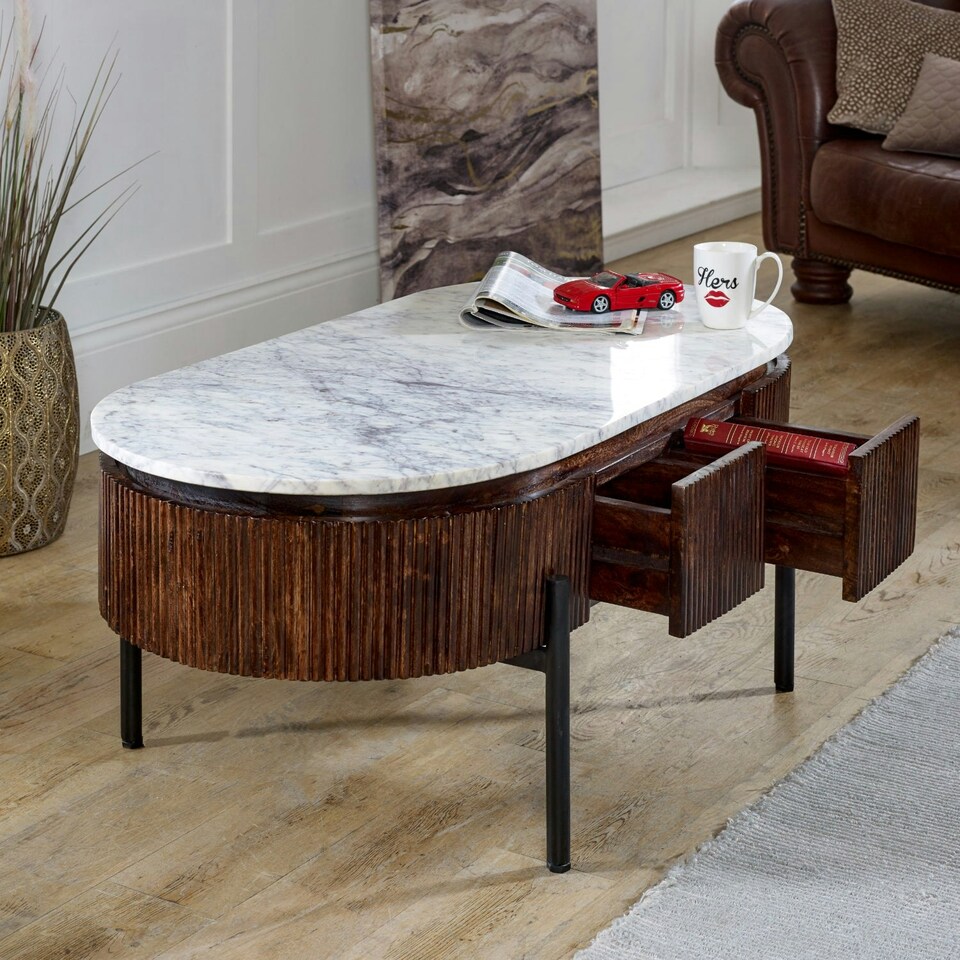image 1 of Miel Mango Wood Rectangular Fluted Coffee Table With Marble Top and Metal Legs Brown