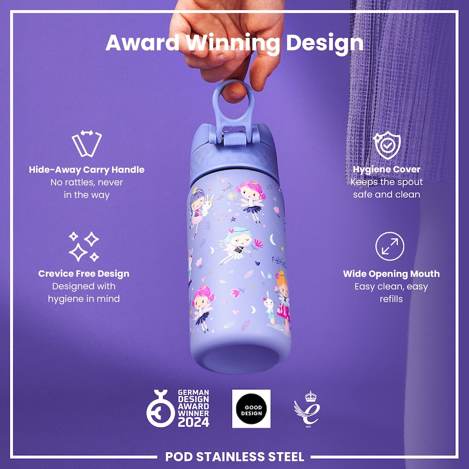 image 1 of Leak Proof Kids Water Bottle, Stainless Steel, 400ml (13oz) | Purple | Fairies | One Size