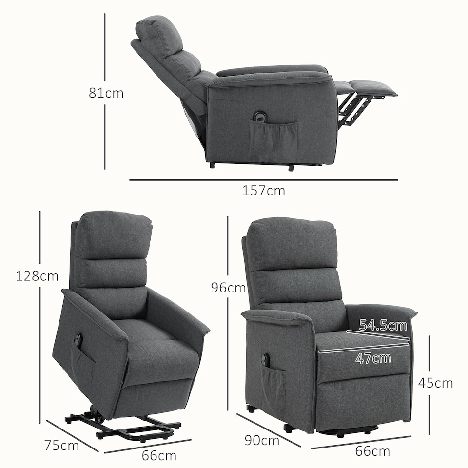 image 1 of HOMCOM Power Lift Recliner Chair, Electric Lift Chair for Elderly, Fabric Riser and Reclining Armchair with Remote Control, Side Pockets, Footrest, for Living Room, Dark Grey | Grey | Dark Grey