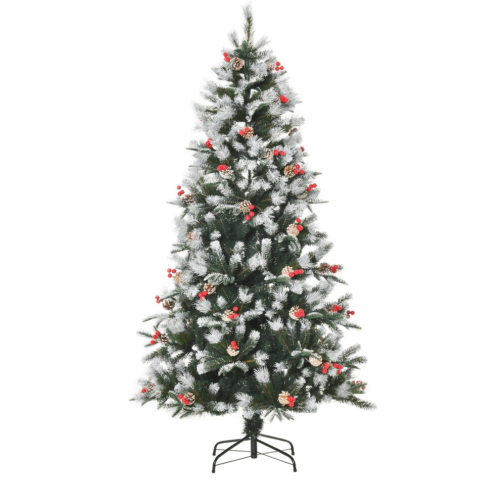 image 1 of HOMCOM 6FT Artificial Snow Dipped Christmas Tree mas Pencil Tree Holiday Home Party Decoration with Foldable Feet Red Berries White Pinecones, Green
