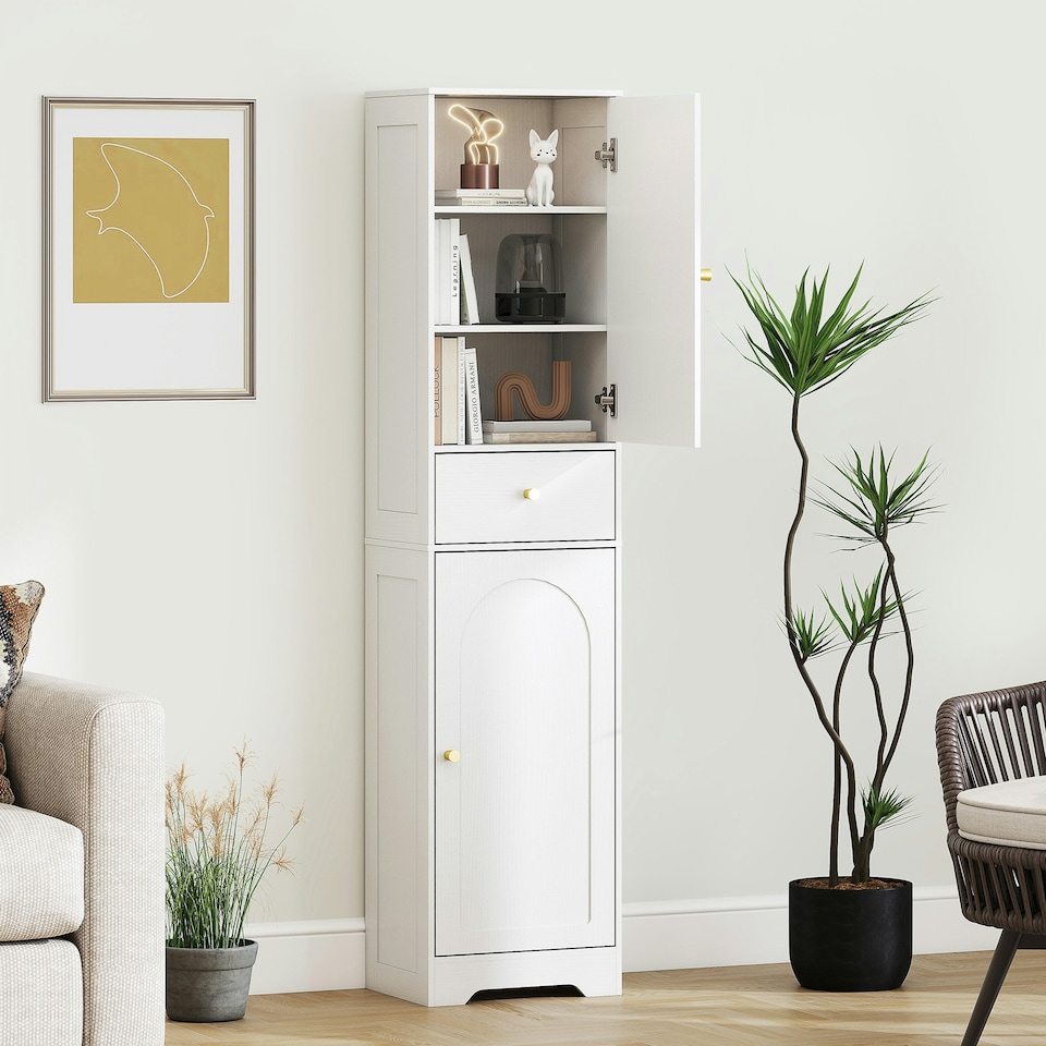 image 1 of HOMCOM Tall Bathroom Storage Cabinet with Arch Doors Adjustable Shelf White White