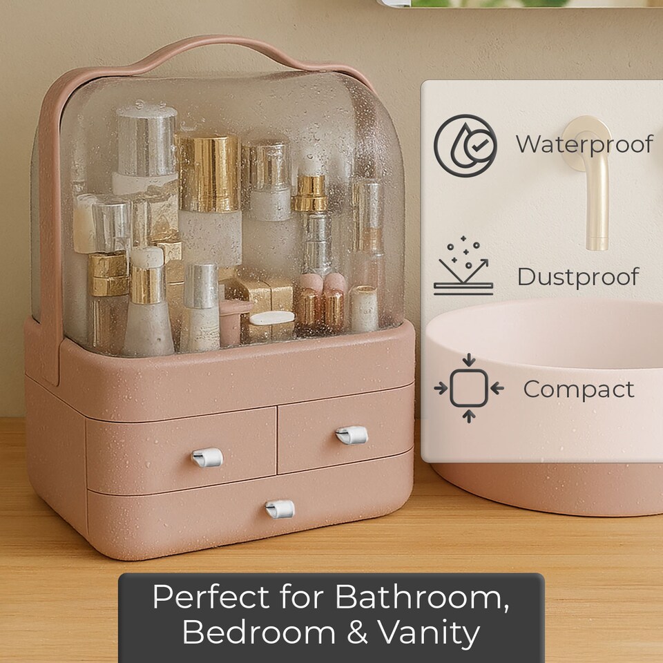 image 1 of Neo Acrylic Makeup Organiser with Lid & Drawers Portable Dustproof Cosmetic Storage Box | Pink | Pink | 26.5 x 18.2 x 34.7cm | 1