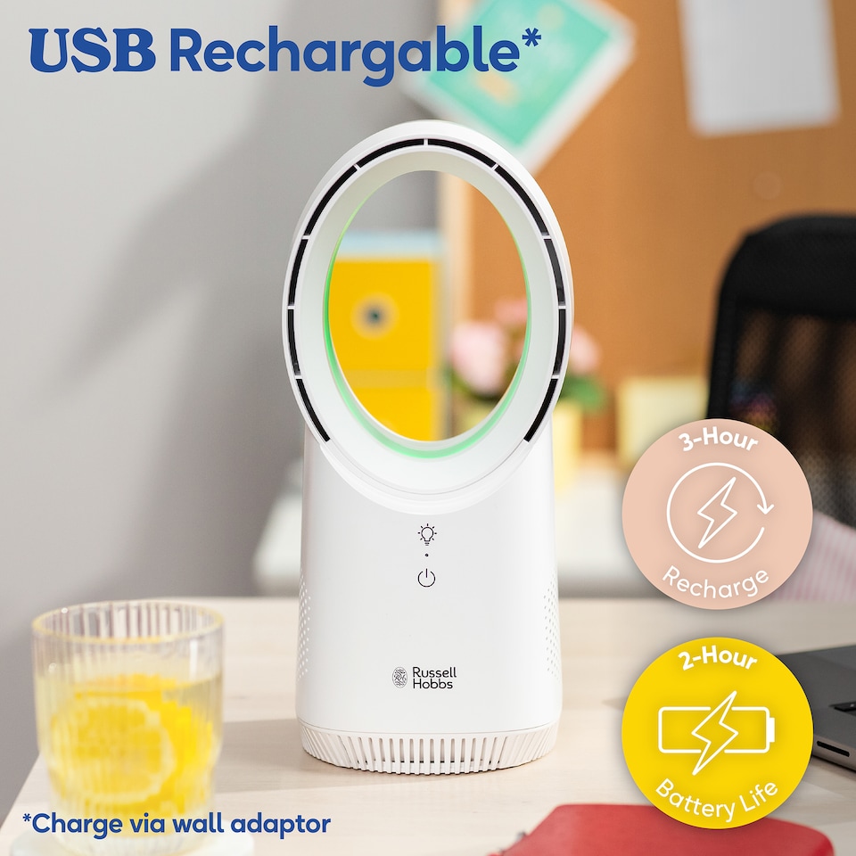 image 1 of Russell Hobbs RHBLDLUSB25 Compact Wireless Desk Fan in White