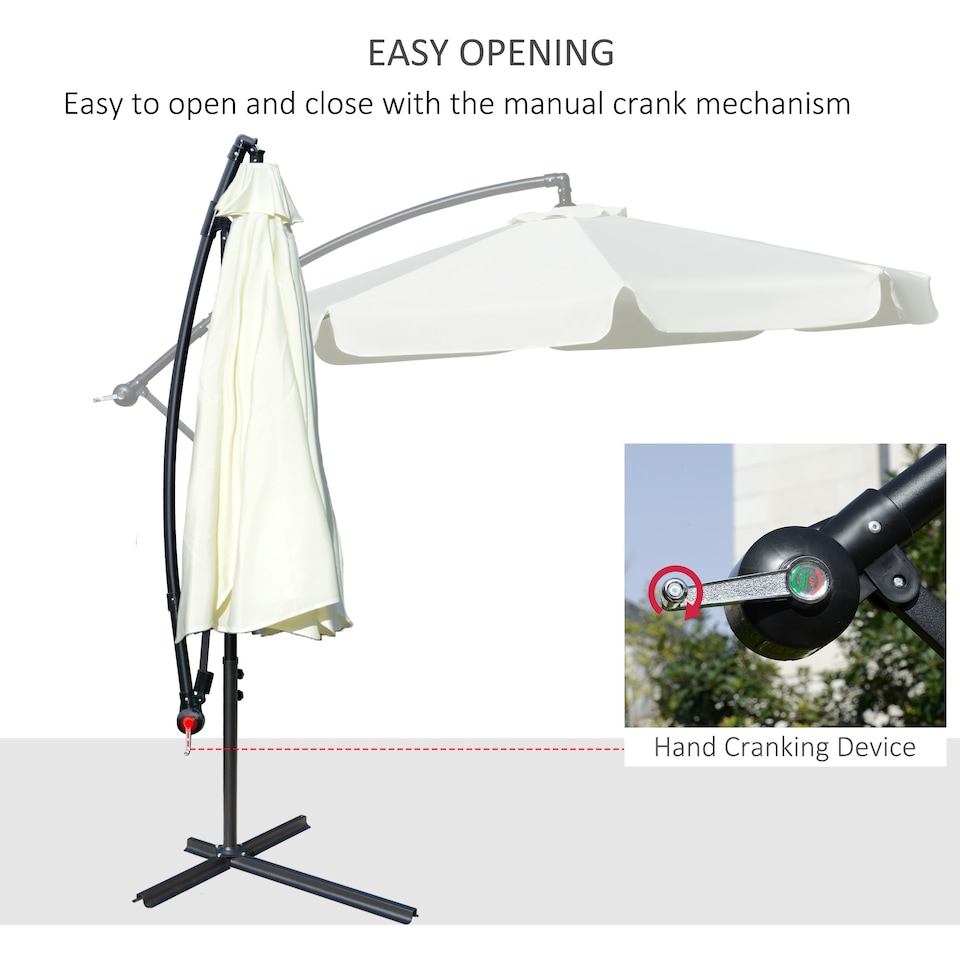 image 1 of Outsunny 2.7m Garden Banana Parasol Cantilever Umbrella with Crank Handle and Cross Base for Outdoor, Hanging Sun Shade, Cream White