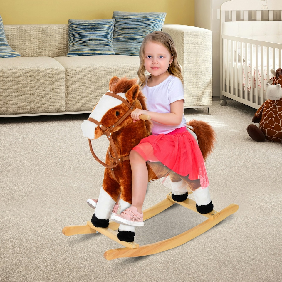 image 1 of HOMCOM Rocking Horse Toy Plush Wood Pony Riding Rocker Neigh Sound Brown