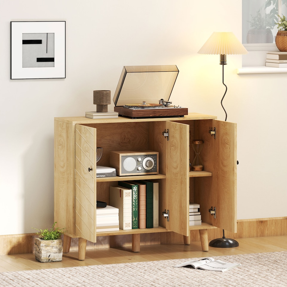 image 1 of HOMCOM Vintage Sideboard Cabinet with 3 Chevron Doors, Natural Wood Finish