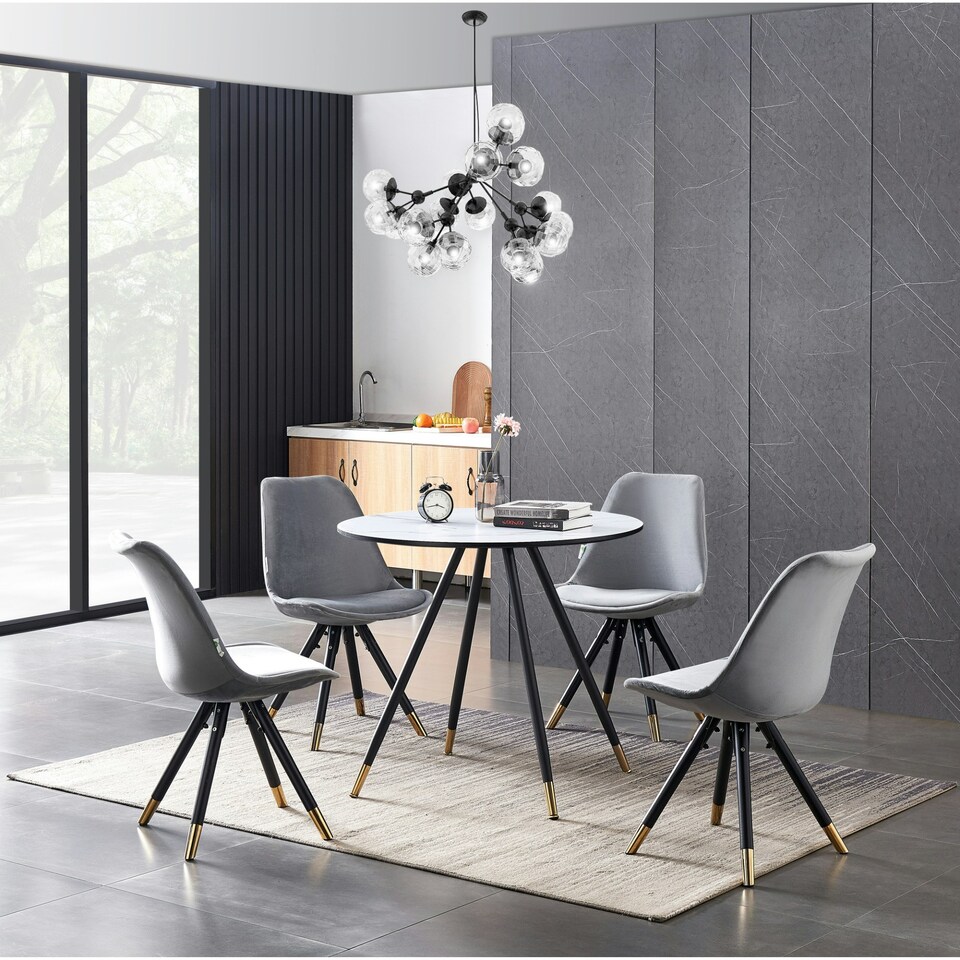 image 1 of Set of 6 Sofia Ergonomic Modern Dining Chairs Upholstered in Velvet, Metal Legs with Gold End Tips Grey | Light Grey