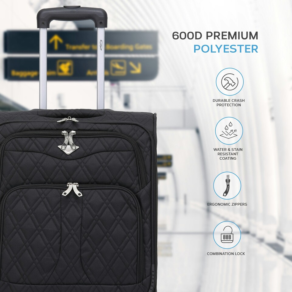 image 1 of Flight Knight Lightweight 4 Wheel 800D Soft Case Quilted Suitcase Cabin Carry On Hand Luggage Ryanair Maximum Priority Carry On Approved Black | Black | Cabin Bag
