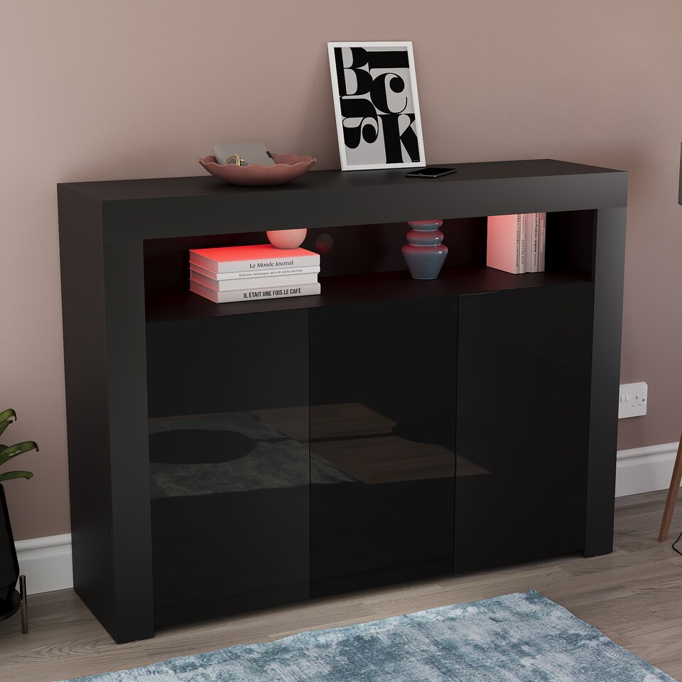 image 1 of Vida Designs Nova 3 Door LED Sideboard Buffet Cabinet Storage, Black | Black | 1