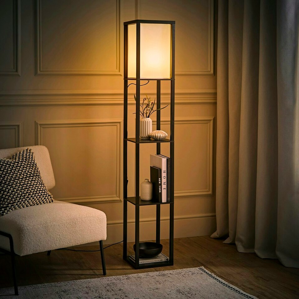 image 1 of ValueLights Struttura Black Shelving Floor Lamp with Fabric Shade