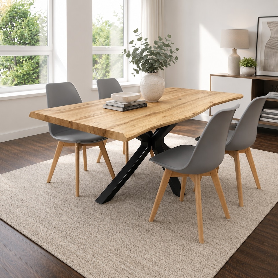 image 1 of Modern Dining Table with 4 Grey Plastic Chairs with faux leather padded seats