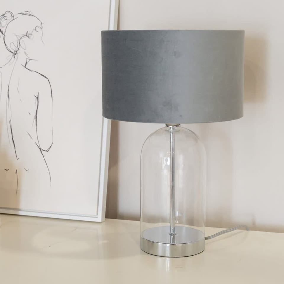 image 1 of ValueLights Jessy Glass Chrome Table Lamp Grey Velvet Chrome Inner Shade & Bulb | Clear