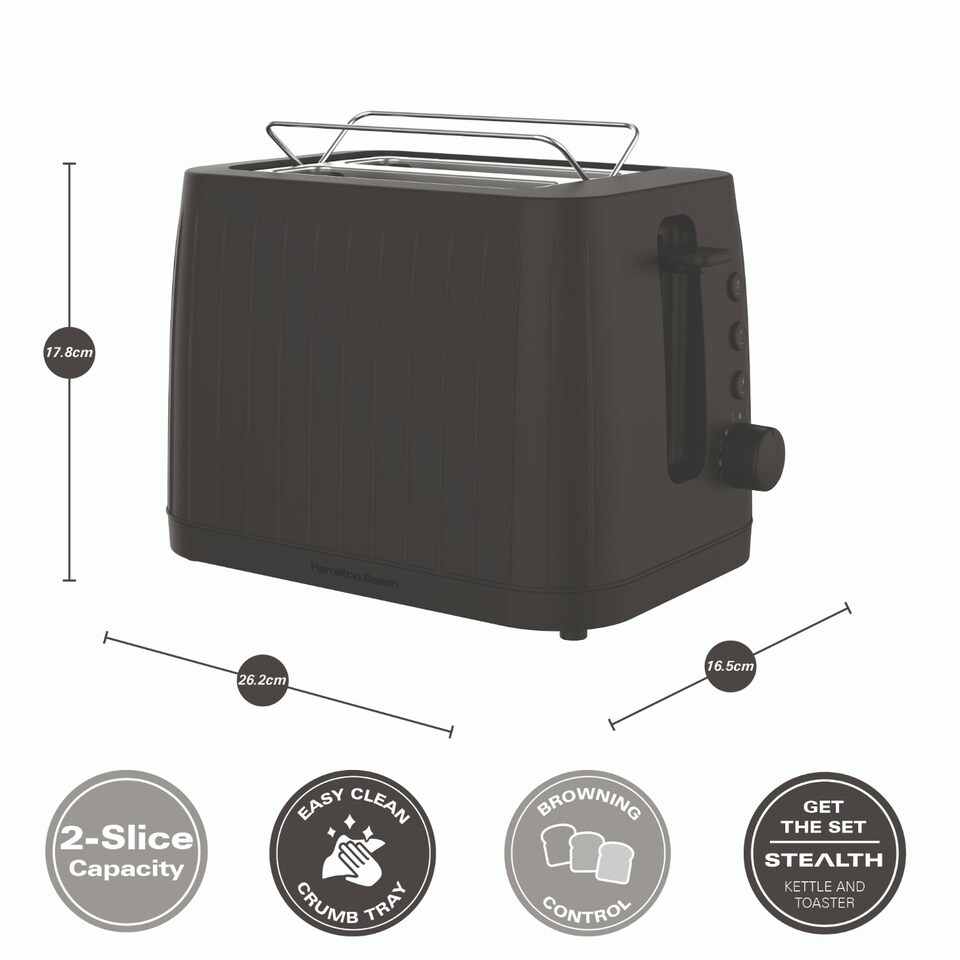 image 1 of Hamilton Beach Kettle & Toaster Set, Stealth, 1.7L Kettle & 2 Slot Toaster - Black