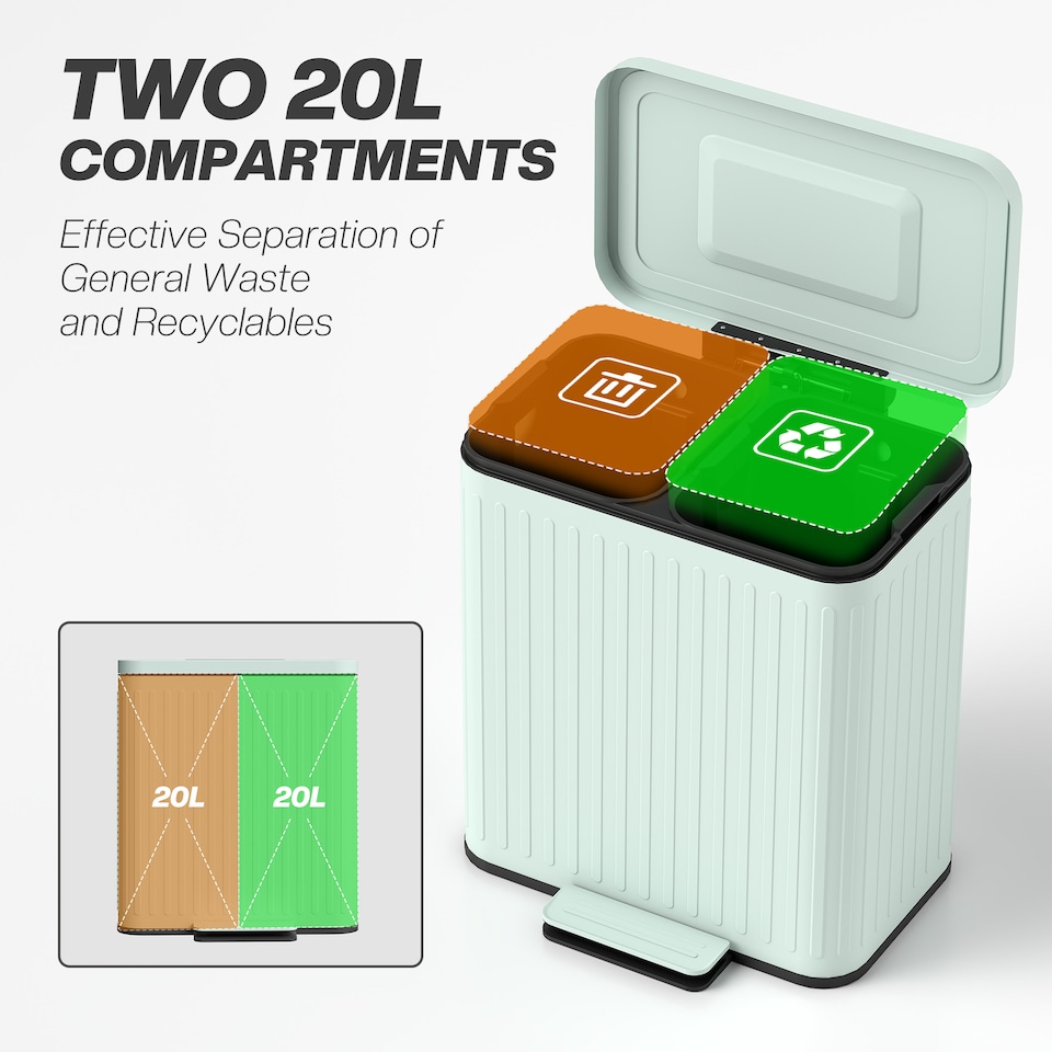 image 1 of HOMCOM 2 x 20L Double Rubbish Bin, Pedal Bin with Rubbish Bags, Green | Green