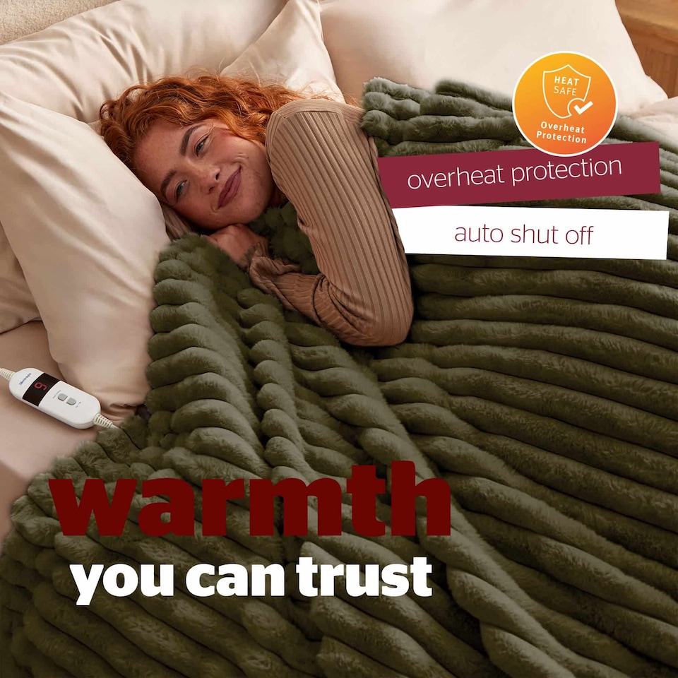 image 1 of Silentnight Luxury Faux Fur Ribbed Heated Throw, Olive | Green | Olive | One Size | 1