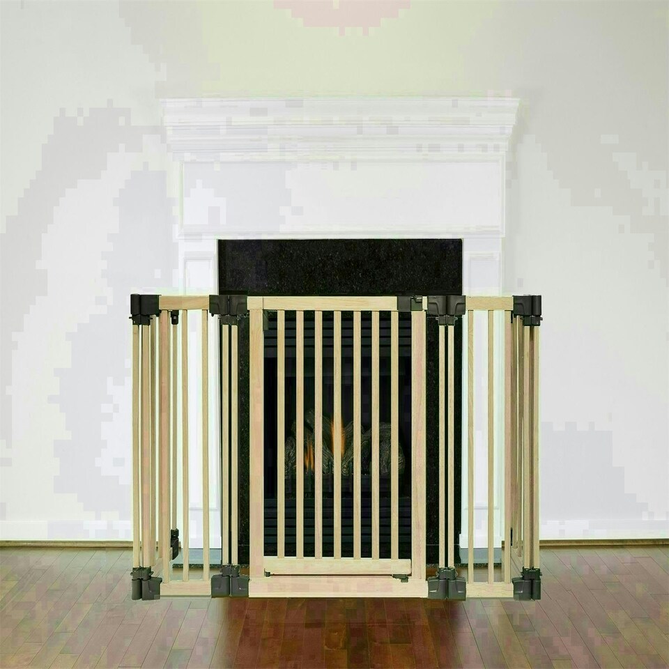 image 1 of Safetots Wooden Multi Panel Fire Surround, 48cm Deep x 120cm Wide, Natural Wood, 76cm Tall, Baby and Toddler Fire Guard, Safety Barrier for Fireplaces