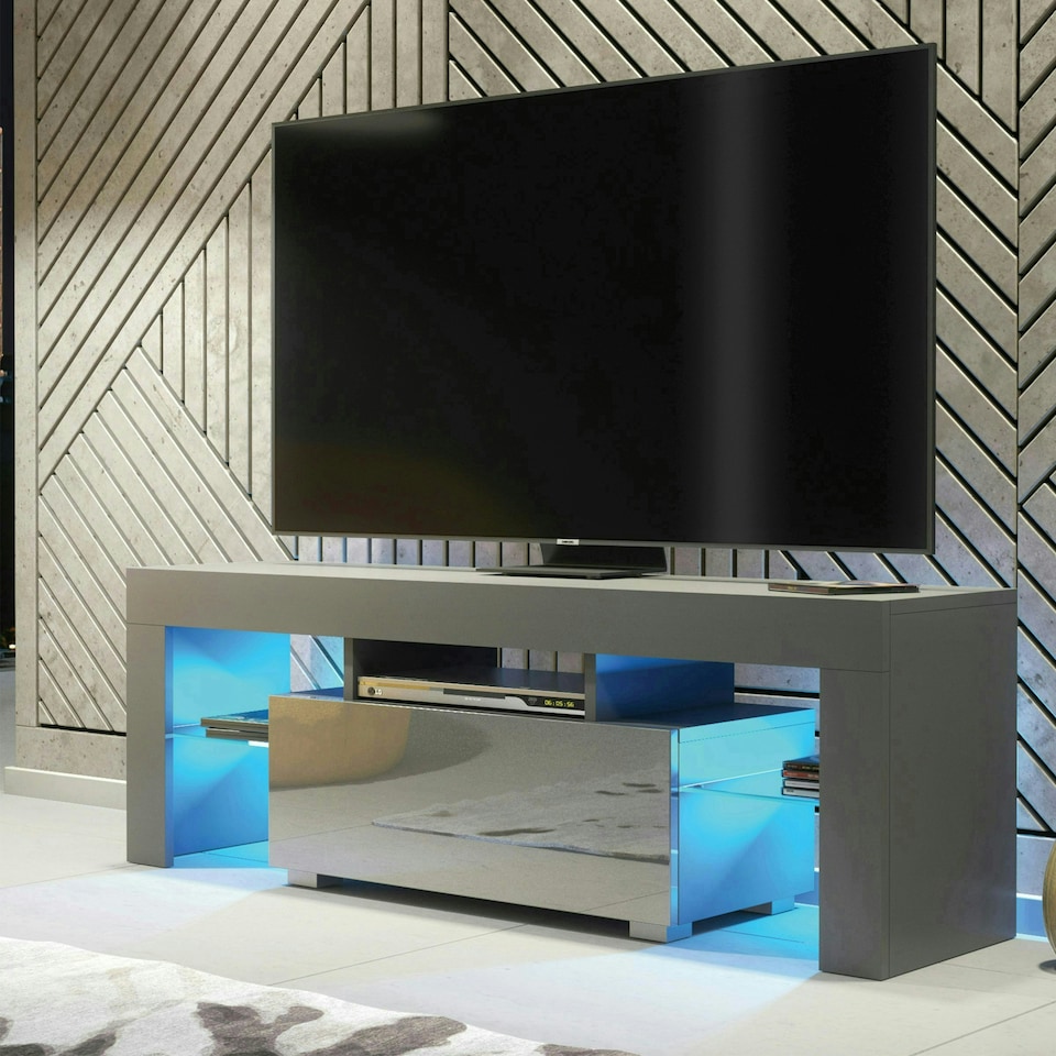 image 1 of TV Unit 130cm Grey Gloss Door Grey Matt Body with Glass Sides Free LED Grey