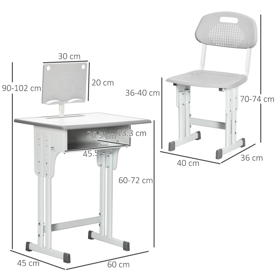 image 1 of HOMCOM Kids Desk and Chair Set w/ Drawer, Book Stand, Pen Slot, Grey
