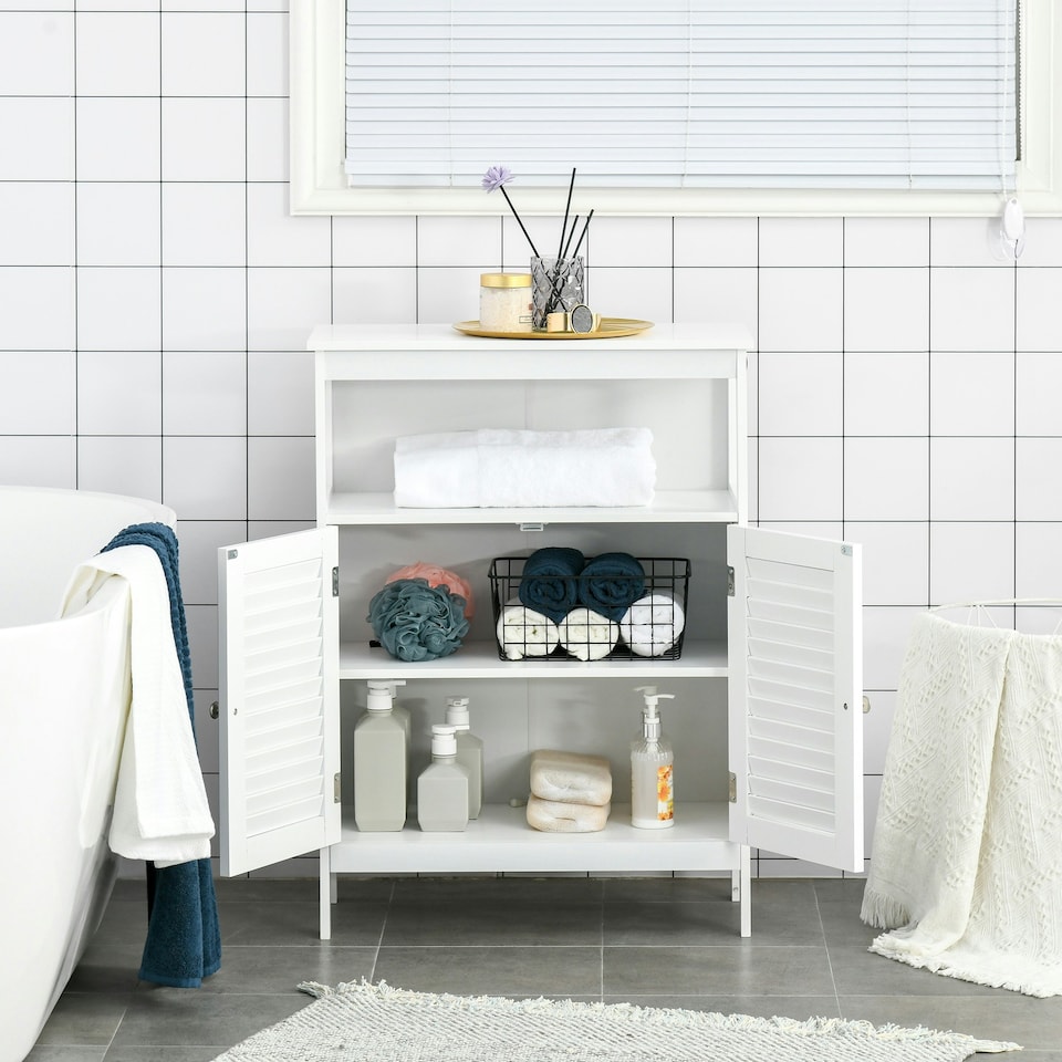 image 1 of kleankin Wooden Bathroom Floor Cabinet with Door Corner Storage Oragnizer White