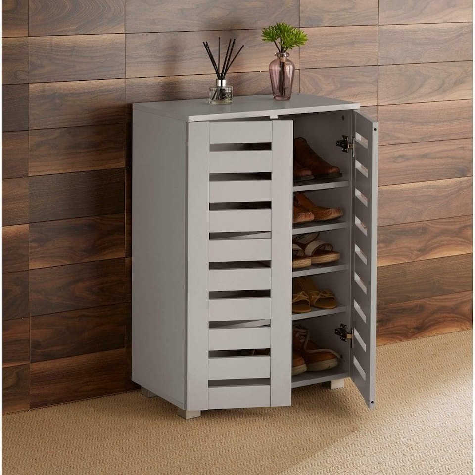 image 1 of Oslo 2 Door Wooden Shoe Storage Cabinet Rack Stand Cupboard Slatted Doors | Grey