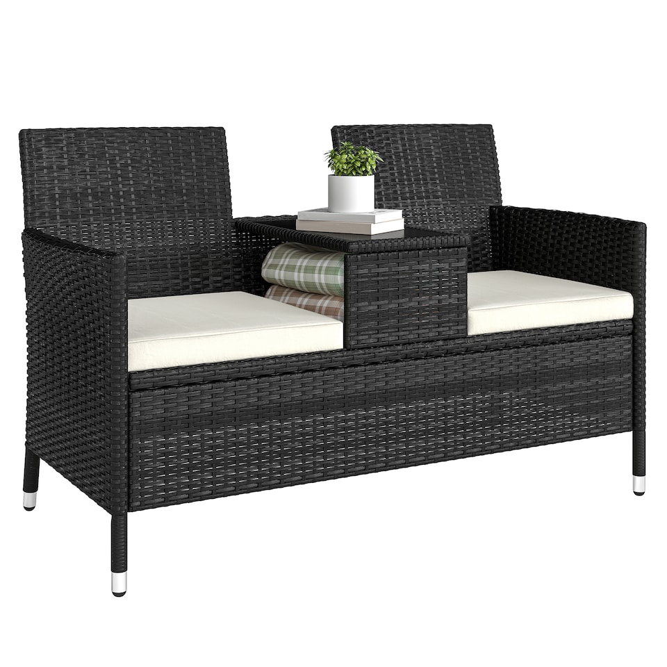 image 1 of Outsunny 2 Seater Rattan Sofa with Cushions, Wicker Garden Loveseat with Armrests, Outdoor Garden Sofa Couch with Metal Frame for Patio, Black | Black | Black | One Size
