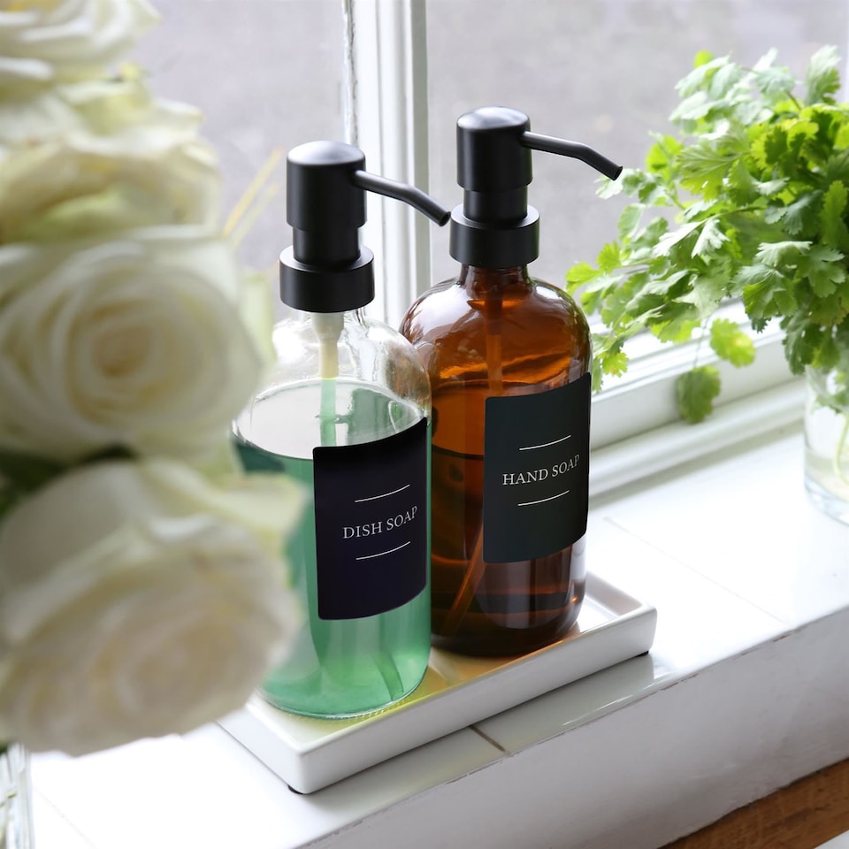 image 1 of Harbour Housewares 2pc Glass Soap Dispenser Set with Ceramic Tray & Labels - 500ml - Amber/Black