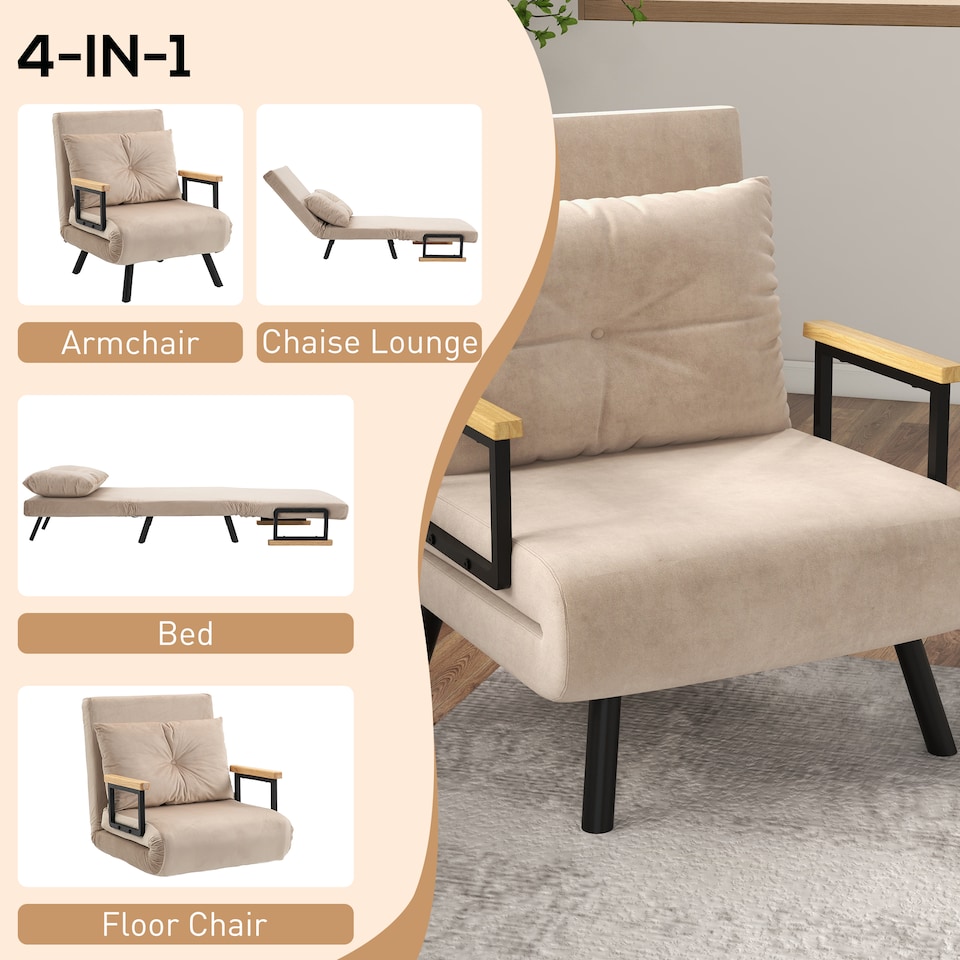 image 1 of HOMCOM Click Clack Single Chair Bed Settee for Living Room, Guest Room, Beige