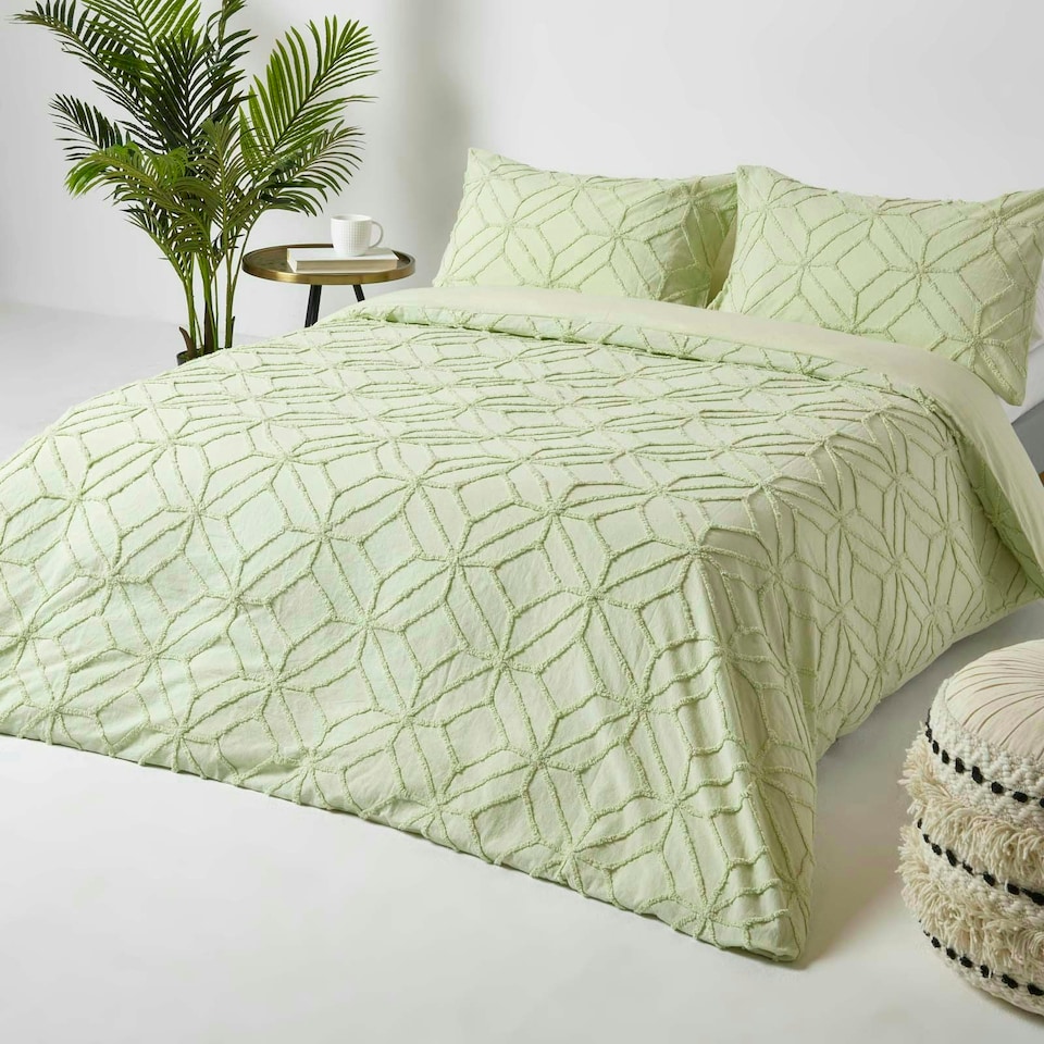image 1 of Homescapes Sage Green Diamond Cotton Tufted Duvet Cover Set - King | Multi | King