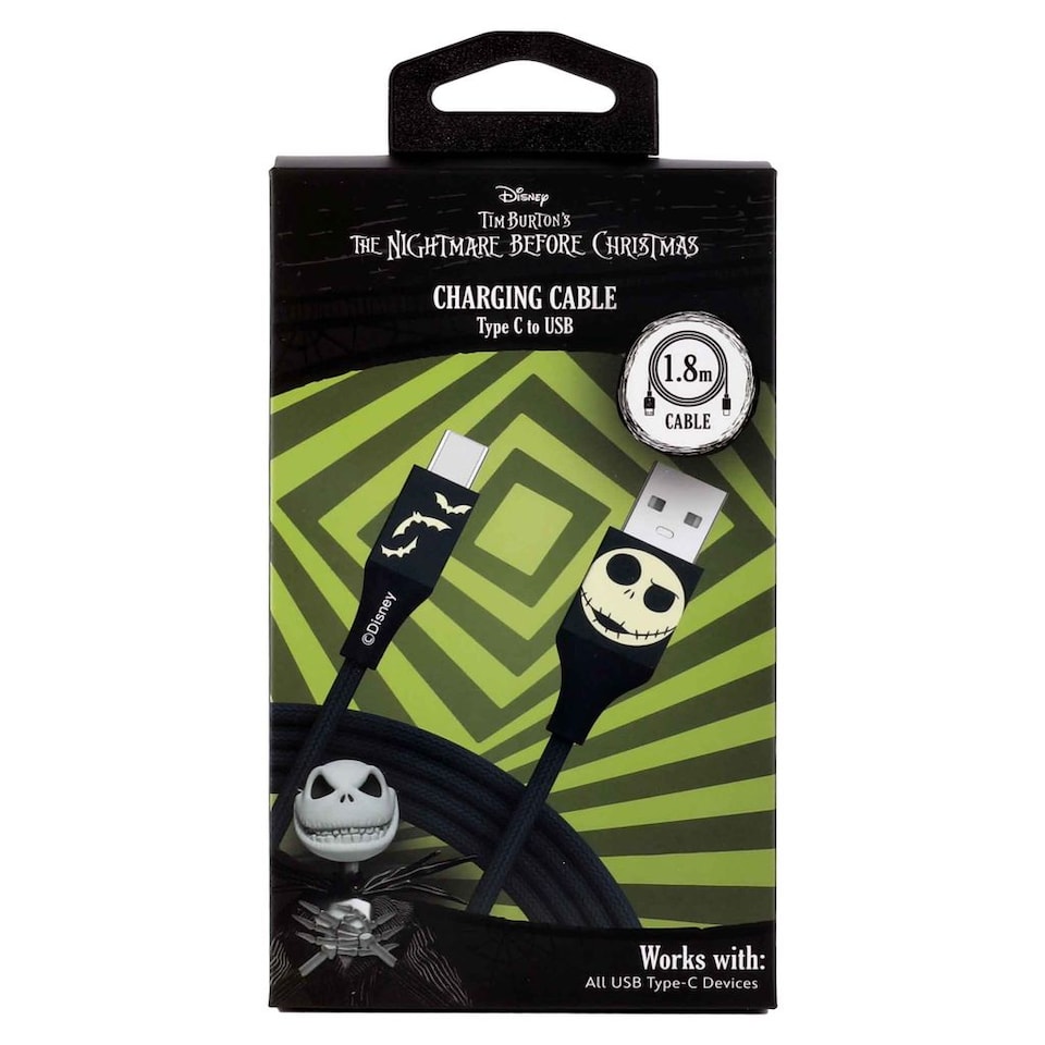 image 1 of Nightmare Before Christmas 6ft USB-A To Type-C Braided Charging Cable Jack Bats