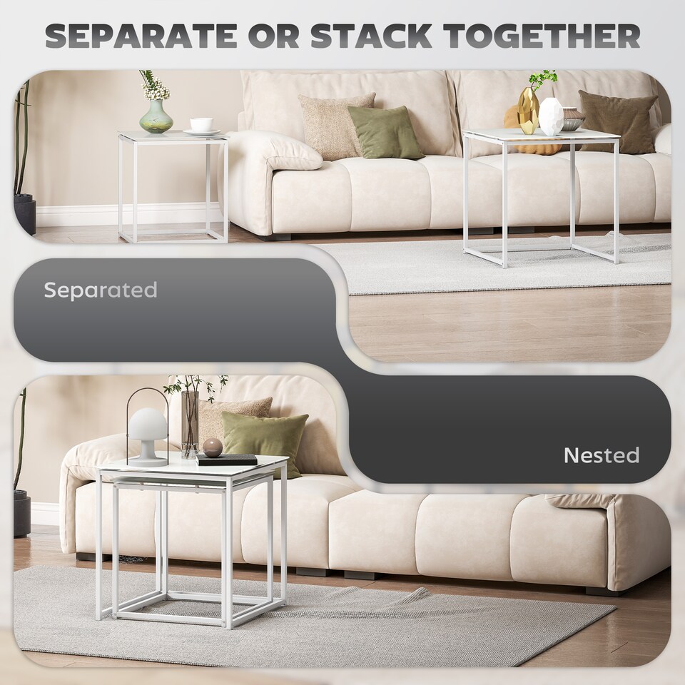 image 1 of HOMCOM Nest of Tables, Set of 2 Coffee Table, Side Tables with Tempered Glass Desktop and Metal Frame for Living Room, Bedroom, Office, White | White