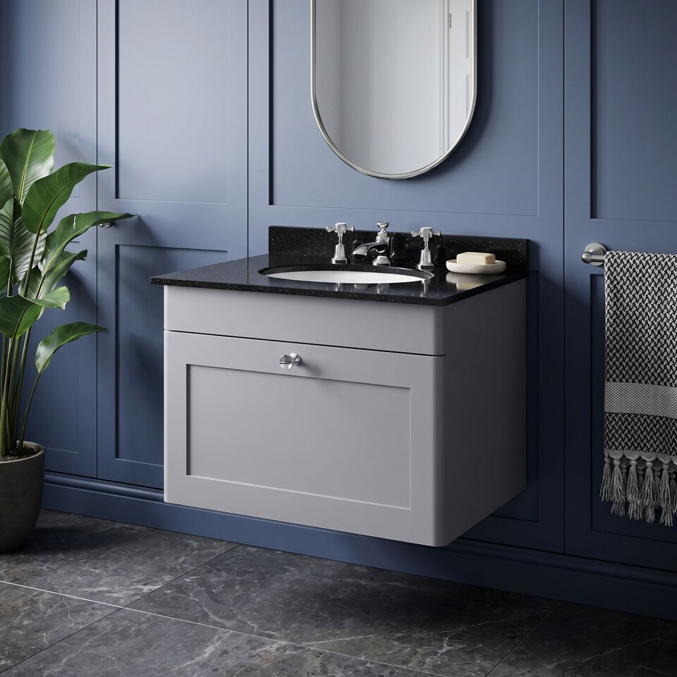 image 1 of Balterley Swynnerton Traditional 1 Drawer Wall Hung Vanity Unit with Marble Basin, Satin Grey, 600mm