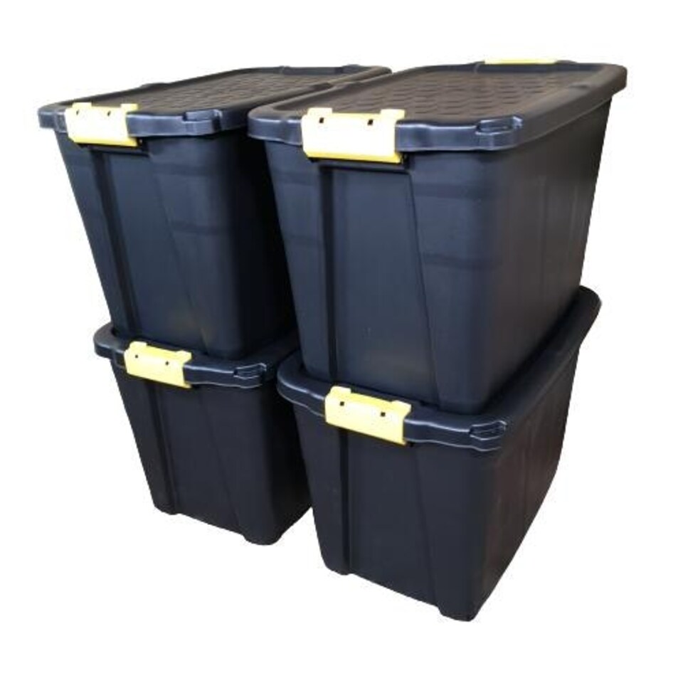 image 1 of 4 x 60L Heavy Duty Storage Tubs Sturdy, Lockable, Stackable and Nestable Design Storage Chests with Clips in Black