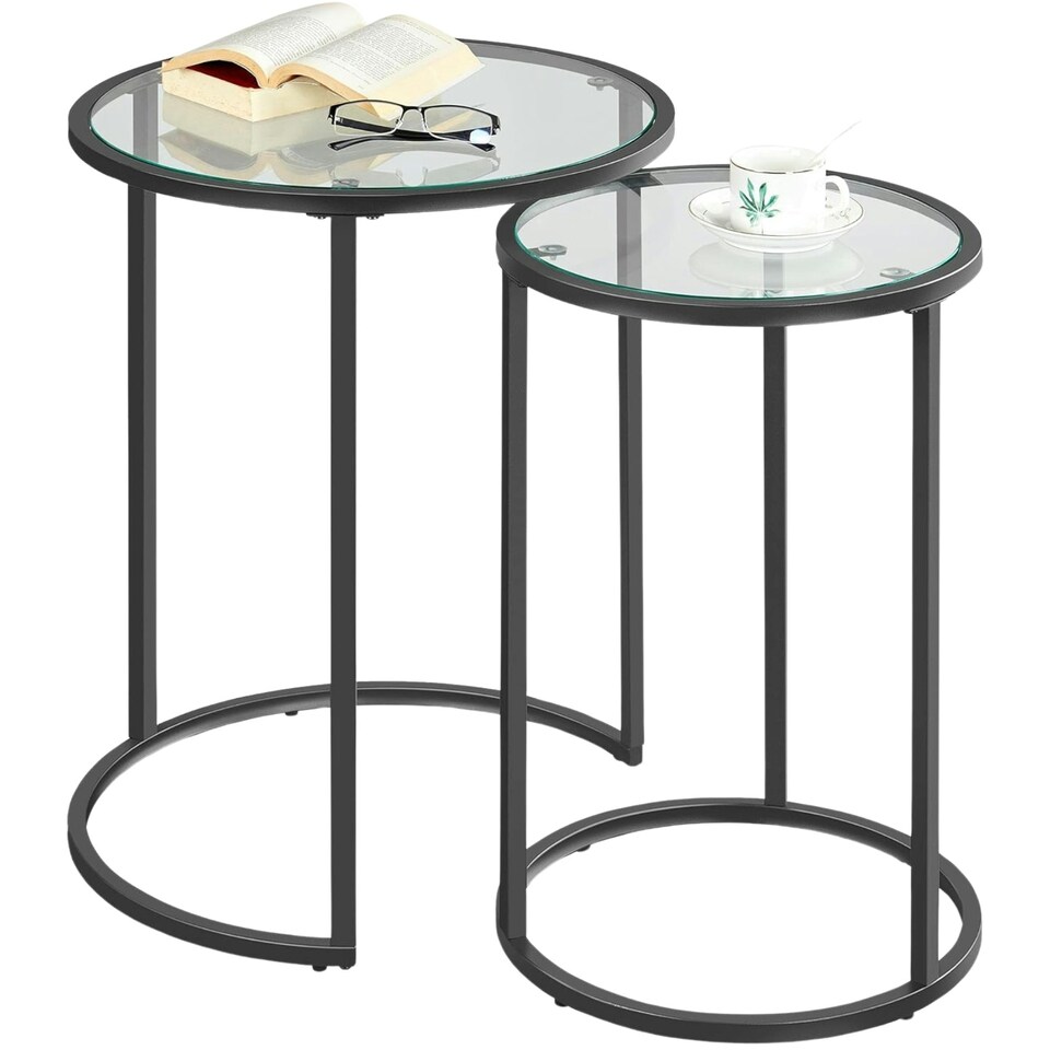 image 1 of Set Of 2 Round Nesting Coffee Tables With Tempered Glass Top Black Black