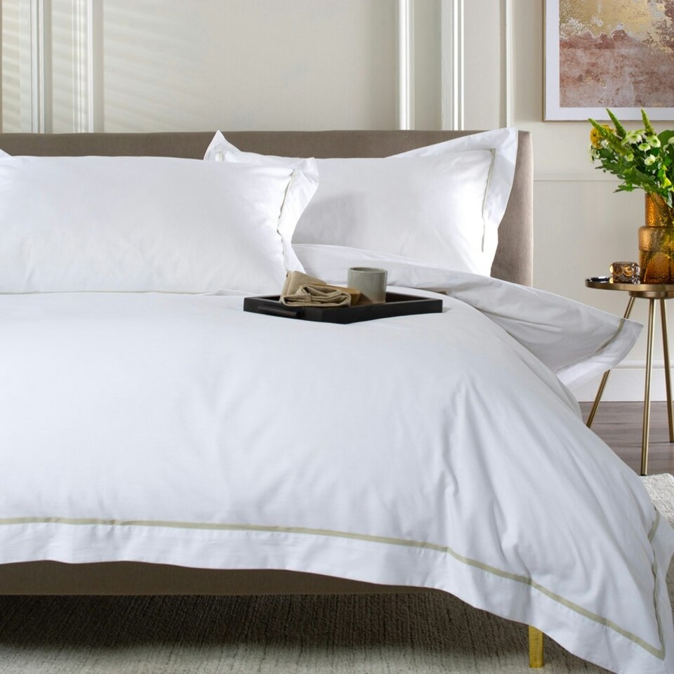 image 1 of Hampstead 100% Cotton Duvet Cover Set – 200 Thread Count with Inserted Ribbon & Oxford Pillowcases Brown | White | Double
