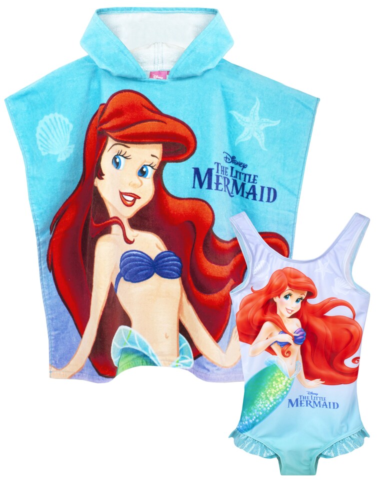 image 1 of Disney Girls Swimsuit The Little Mermaid & Hooded Towel Poncho | Kids Ariel, Sebastian & Flounder Towelling Robe | Childrens Swimming Costume
