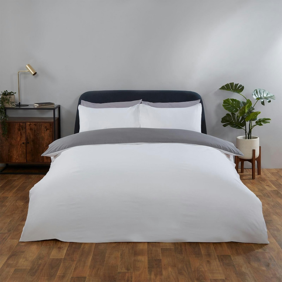 image 1 of OHS Plain Reversible Soft Microfibre Duvet Cover and Pillowcase Set, Single - Grey/White