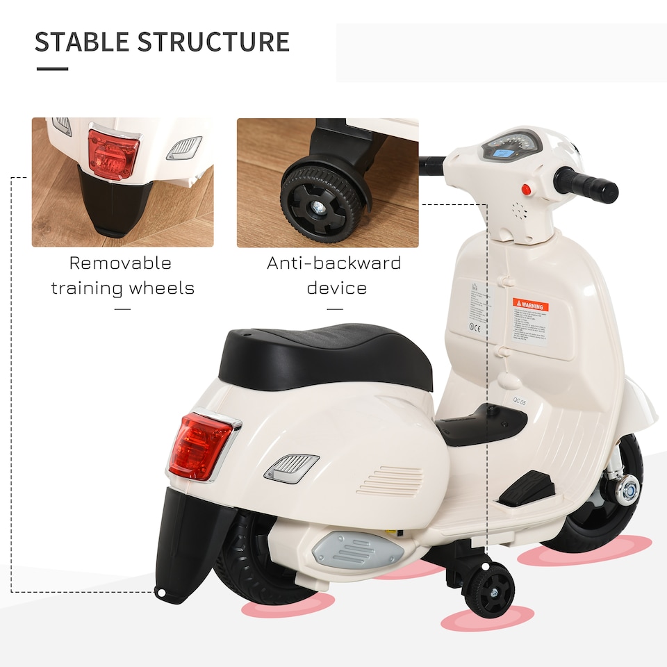 image 1 of HOMCOM Vespa Licensed Kids Ride On Motorcycle, 6V Battery Powered, White