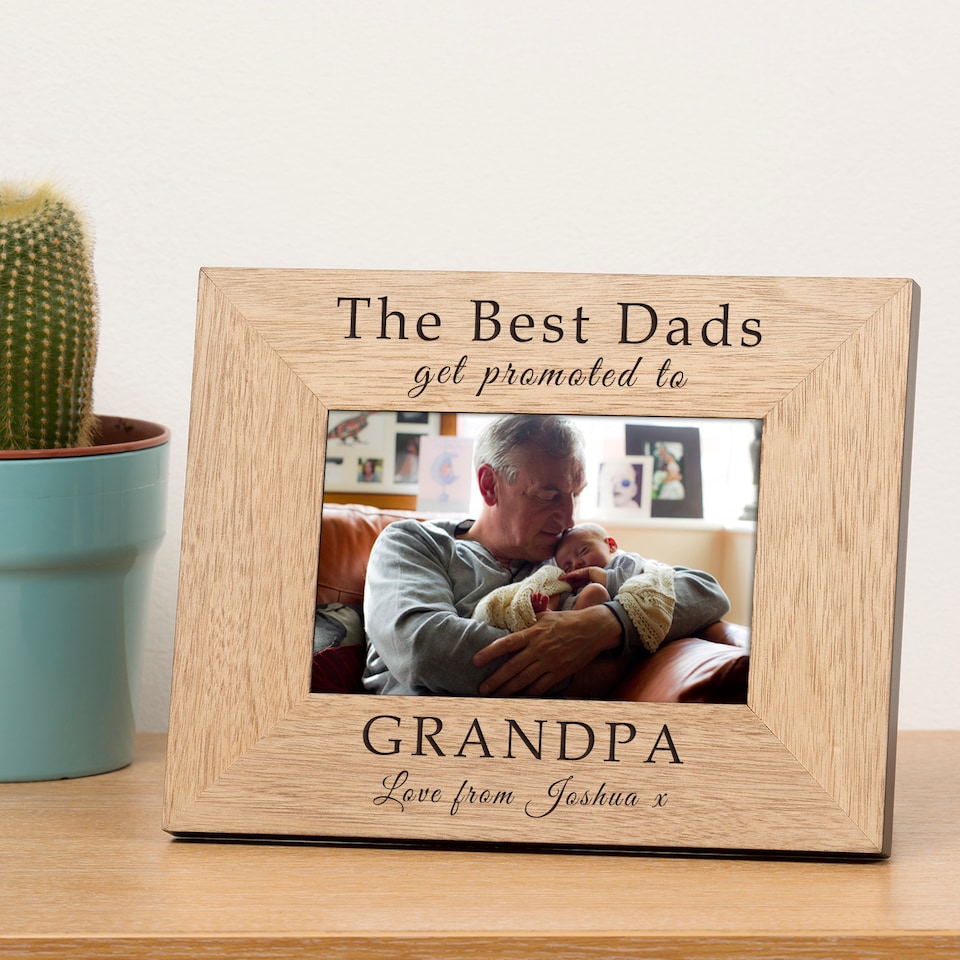 image 1 of Personalised The Best Dads get promoted Wood Picture Frame 6x4 Grandad New Baby
