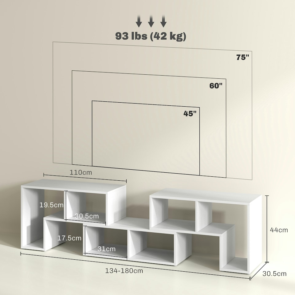 image 1 of HOMCOM TV Unit for TVs up to 75 Inches, Free Combination TV Stand, White