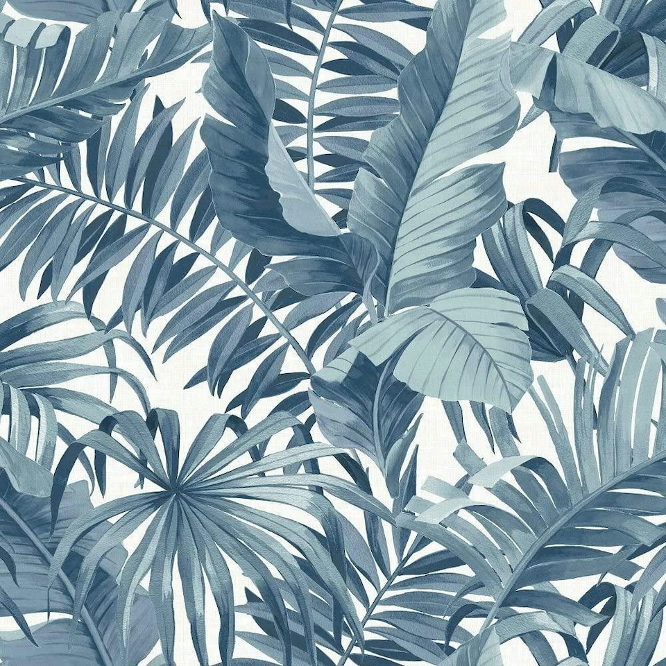 image 1 of Fine Decor A-Street Palm Leaf Wallpaper - Blue/White - 32.1ft x 21in Blue
