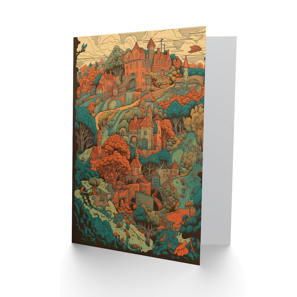 image 1 of Village Forest Coral Teal Blue Illustration Travel Art Card