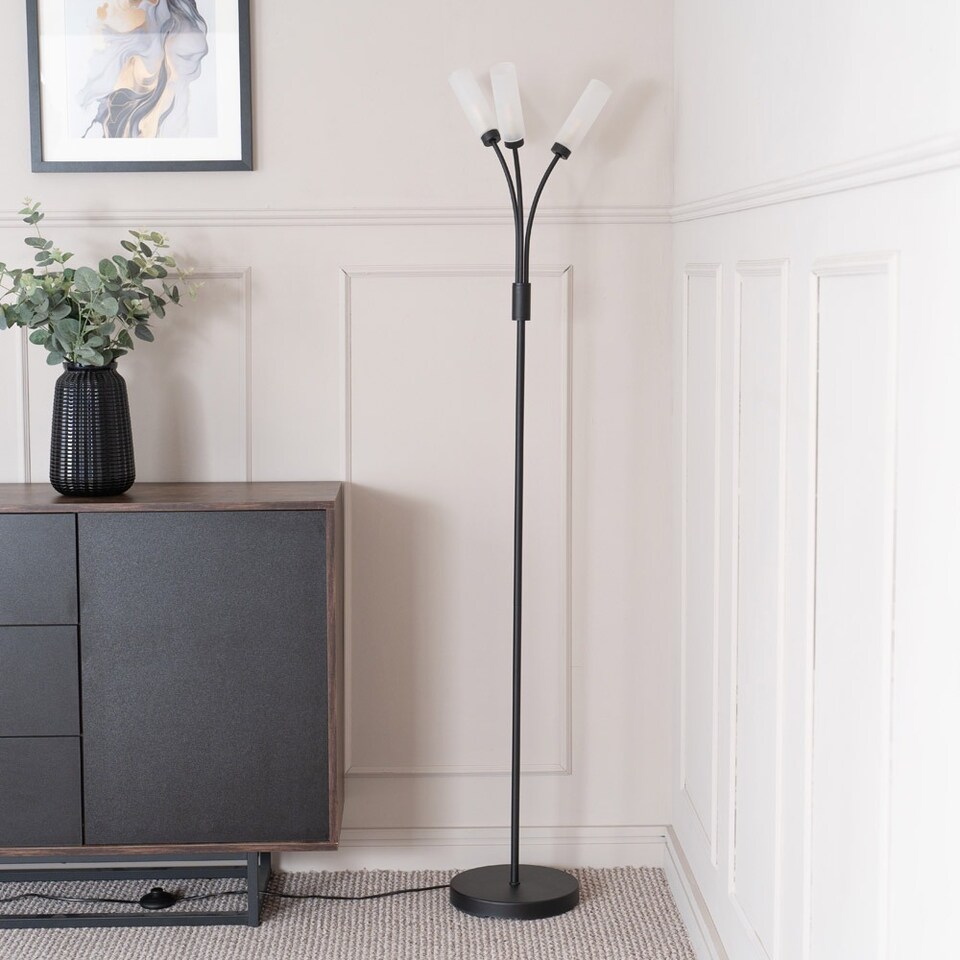 image 1 of ValueLights Maya Matte Black 3 Way Curved Arm Upright Floor Lamp | Black
