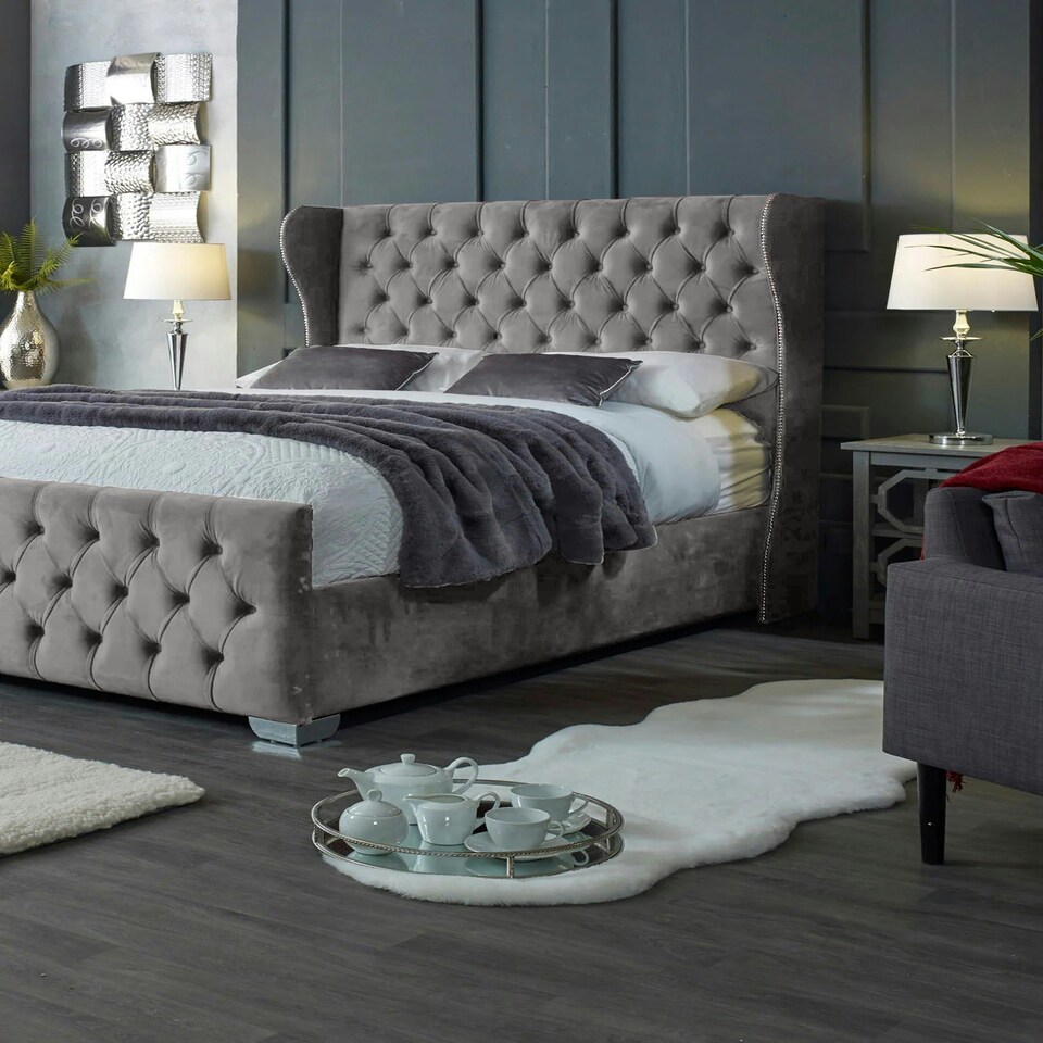 image 1 of Colleen Plush Silver King Bed Frame - Silver