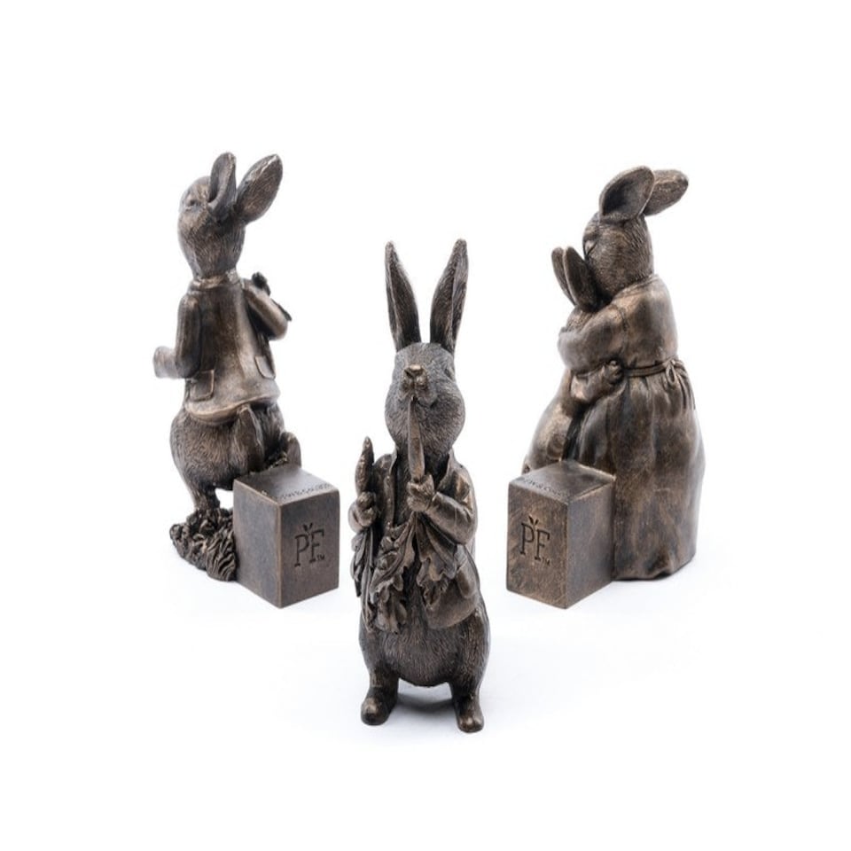 image 1 of Beatrix Potter Bronze Peter Rabbit Plant Pot Feet - Set of 3 - Peter Eating Carrots, Running and Hugging - L6.5 x W8 x H11 cm Brown