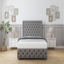 Sloomy Vienna Pewter Dumfries Divan Bed With Mattress 2 Drawers Left Side With 26" Strutted Headboard & 12" Matching Footboard 4'6 Double | Grey | Pewter | Double | 1